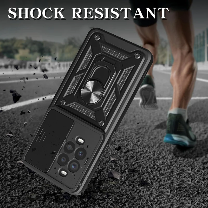 Protective Armor Ring Stand Shockproof Phone Case with Slide Lens Cover