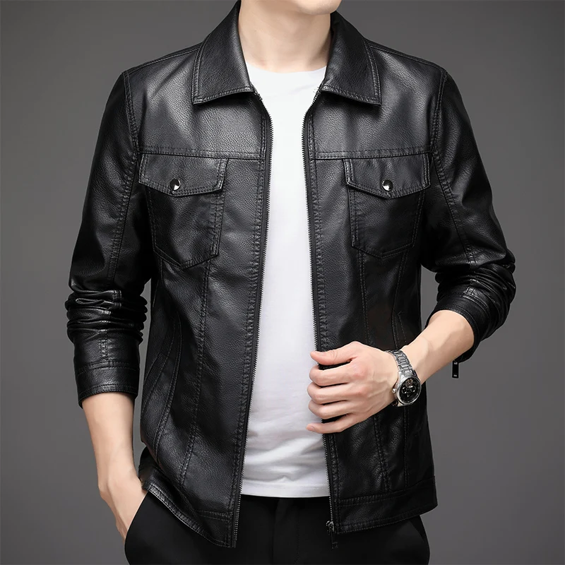 Leather Jackets Men Winter Jacket Men's Casual PU Leather Jacket Solid Color Business Collar PU Blazers Long Sleeve Dress Coat