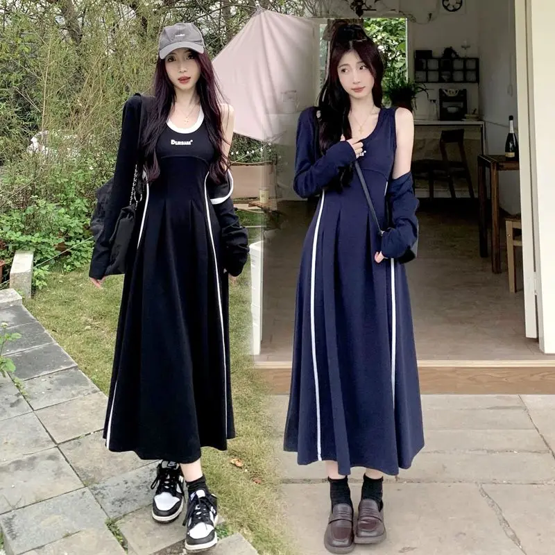 Women Slip Dress Braces Skirt Hoodies Dresses 2 Pieces Suits Korean Style suspender Retro Y2k Tracksuit Oversized Long Dresses t shirts set for men fashion summer oversized outfit beach style casual tracksuit 2 piece tee shorts breathable retro sportswear