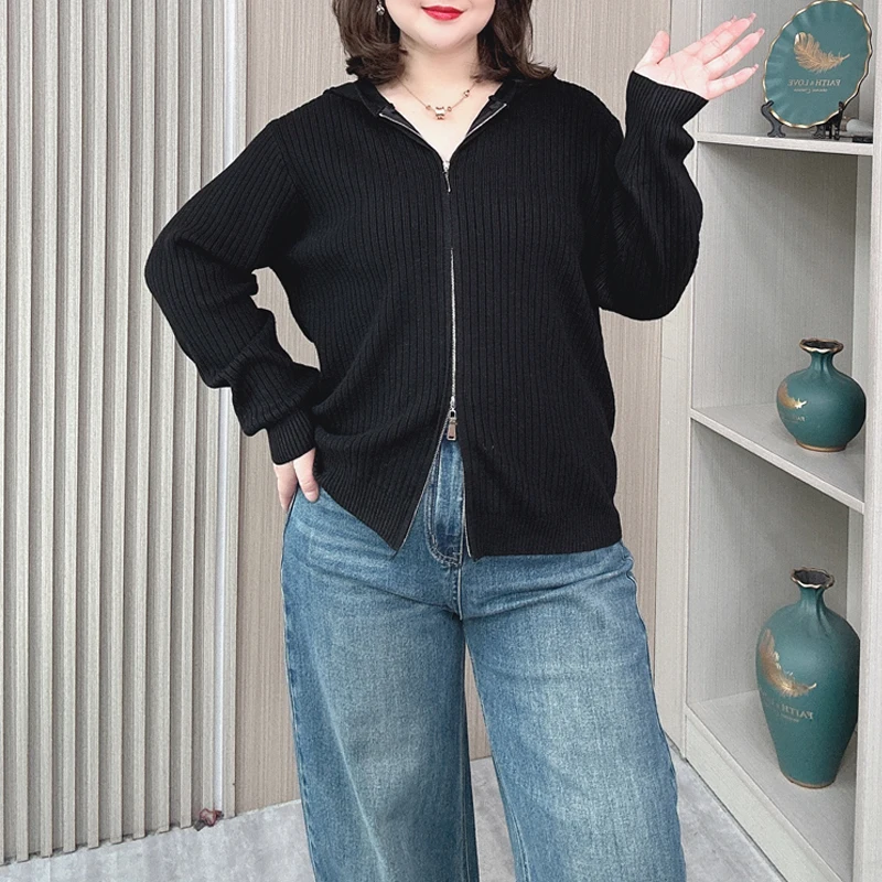 Women's Hooded Knitted Cardigan Coat, Loose Two-Way Zipper Sweater, Plus Size Jumpers, Autumn, Winter, 2261