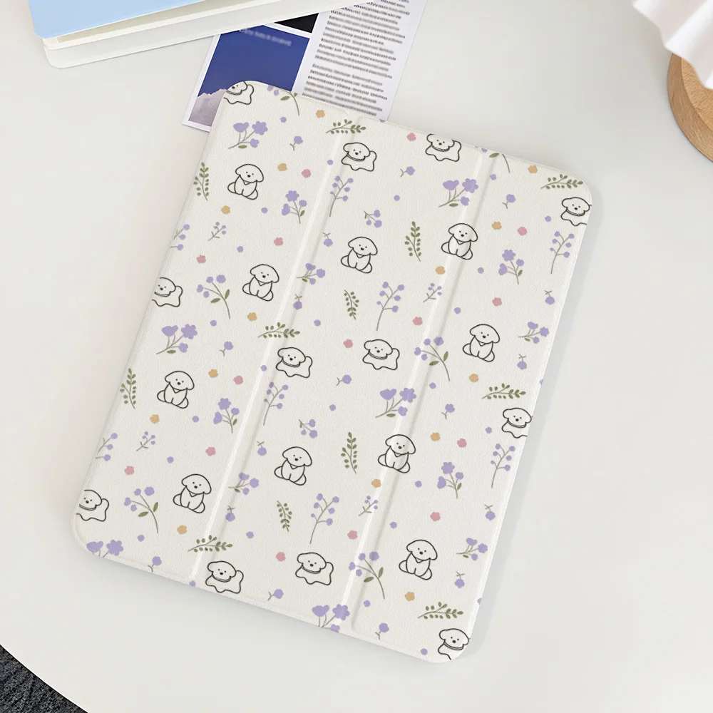 Purple Floral Puppy Tri-Fold Rotatable Drop-Proof Tablet Cover