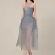 

Women Sexy See-through Lace Strapless Prom Three-dimensional Floral Sequin Evening Party Dress High Quality Midi Slim Dress
