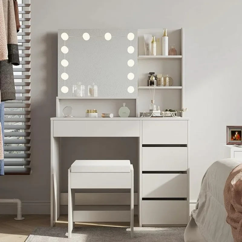 

Makeup Vanity with Lights,WithVanity Desk with Chair, 5 Drawers Makeup Table with Lighted Mirror