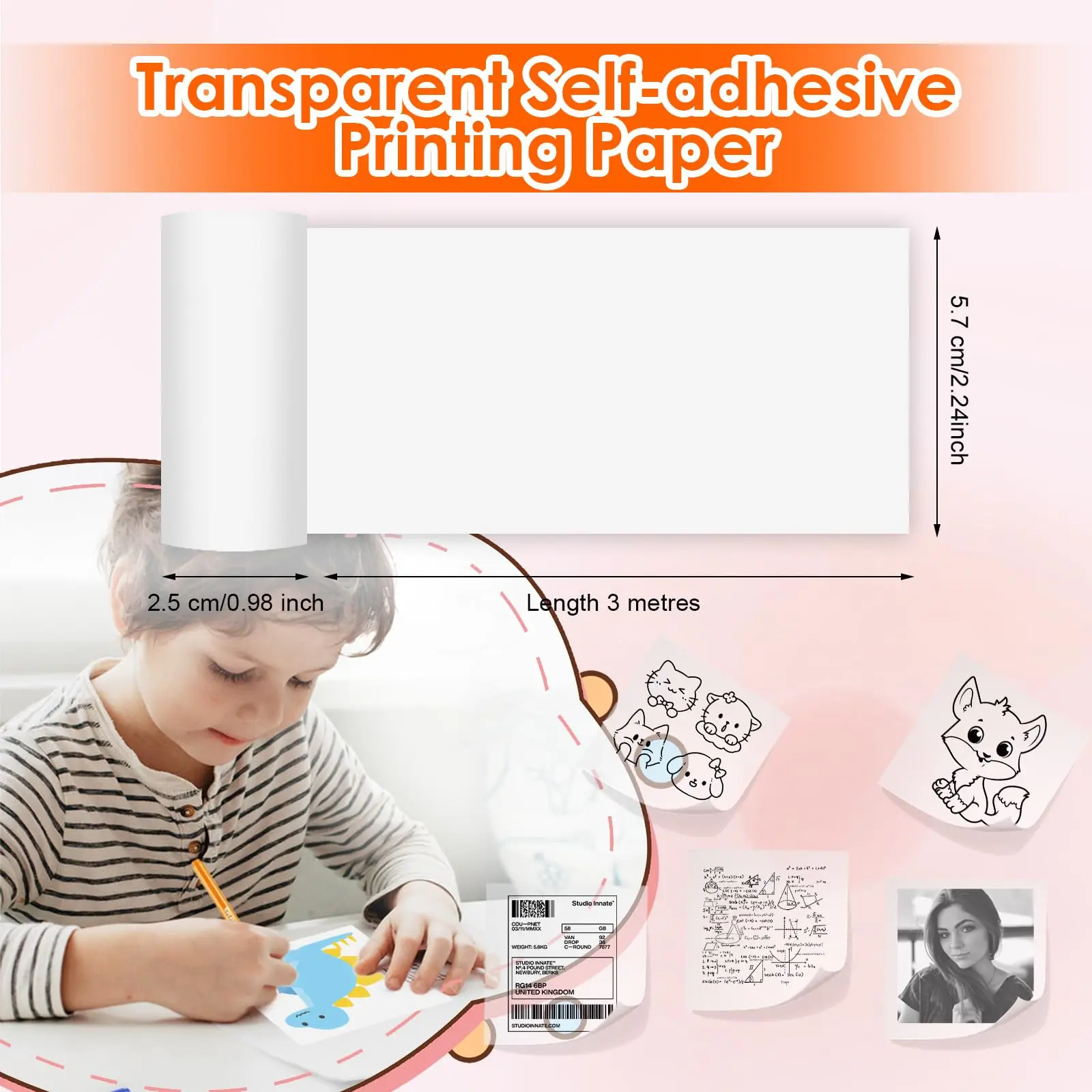 Mini Printer Translucent Sticker, Adhesive Thermal Paper Translucent Sticker 57x25mm,Waterproof,Oilproof,Scratchproof,BPA Free