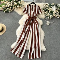 Gentle Women Jumpsuit Stripe V Neck Sleeveless 2024 Lace Up Bow High Street Korean Style Summer Long Senior Rompers