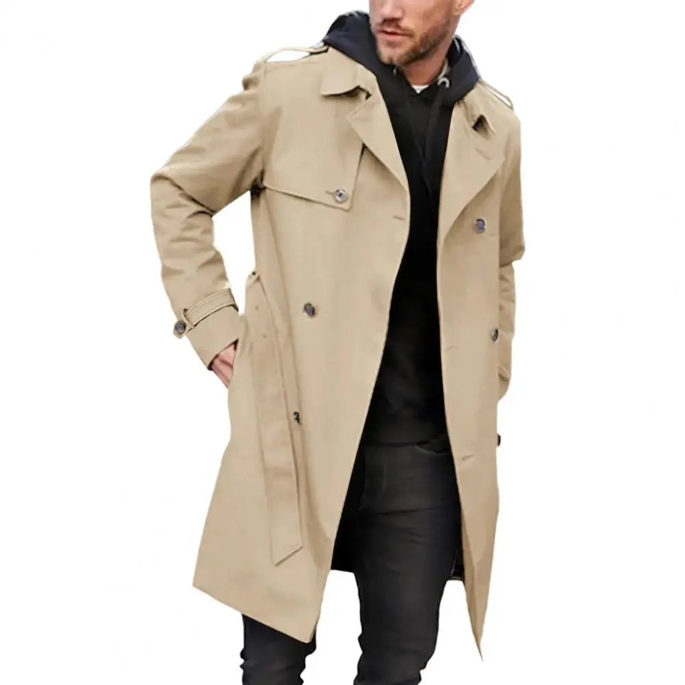 

Elegant Men Windbreaker Stylish Men's Double-breasted Long Coat Slim Fit Lapel Collar Pockets Belt for Autumn Winter Streetwear