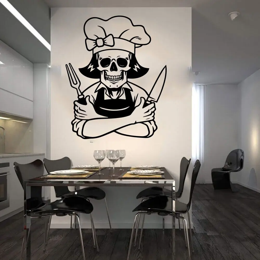 Grande Scheletro Chef Wall Sticker Cucina Ristorante Cartoon Skull Cooker Wall Decal Sala Da Pranzo Vinile Home Decor 3458