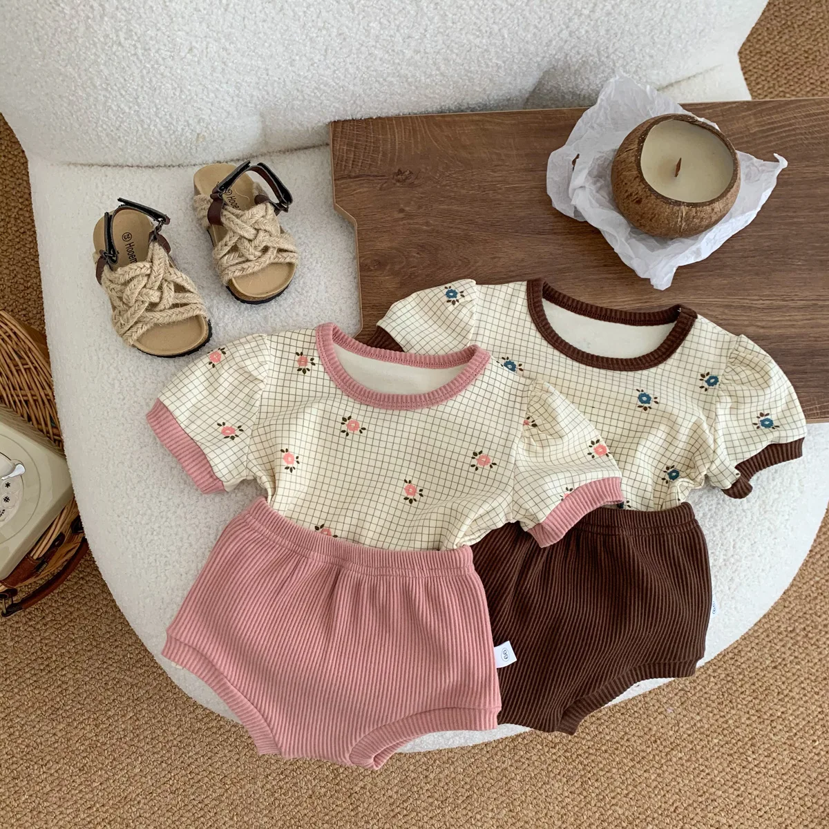 

Jenny&Dave 2023 New Baby 2023 Summer Clothes Female Baby Round Neck Small Flower Short Sleeve Triangle Pants Two Piece Creeper S