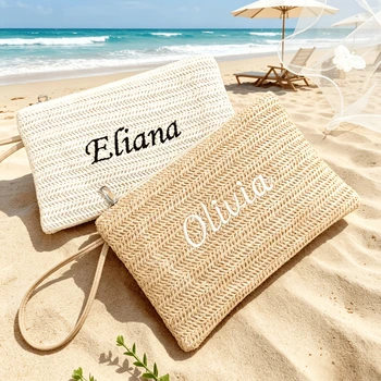 Custom Name Straw Woven Makeup Bag, Portable Storage Bag Holds Cellphone and Assorted Small Essentials, Ideal Daily Outdoor Use