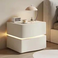 Leather Night Stand with LED Light Strip, Solid Wood Nightstand with 2/3 Drawer, Modern Bedroom Bedside Table (2 Drawers, White) 1