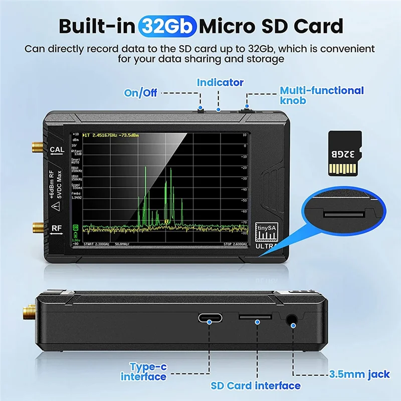 SeeSii 울트라 스펙트럼 분석기, 4.0 인치 100KHz  5.3GHz, 초소형 주파수, 투인원 신호 발생기, 100KHz  800MHz