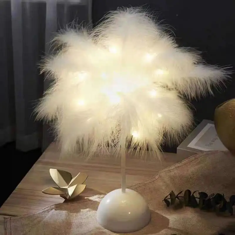 Feather LED Light Bedside Desk Lamp Elegant LED Night Light Feather Bedroom Bedside Lamp Atmosphere Night
