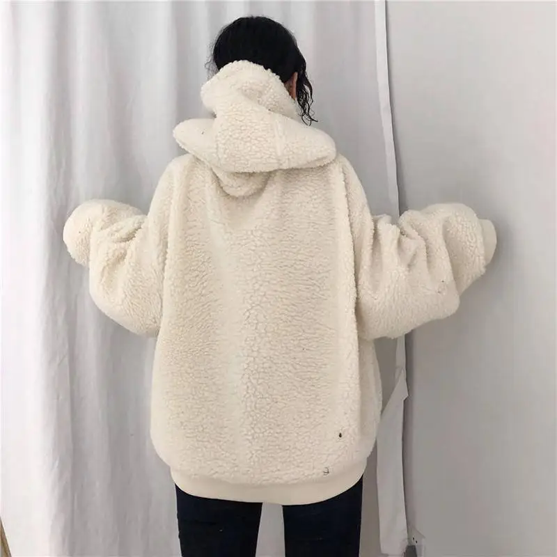 2024 Winter Lamb Plush Warm Jackets Kawaii Bear Embroidery White Plus Velvet Coats Y2k Korean Casual Loose Women Hoodie Brown