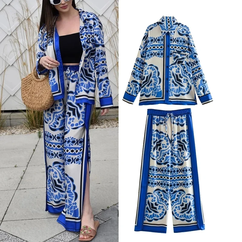 

2-piece Set Summer Women's Pajamas Suit Satin Printed Patchwork Pants Set Chic Elastic Waist Wide-leg Pants Shirt Suit Street