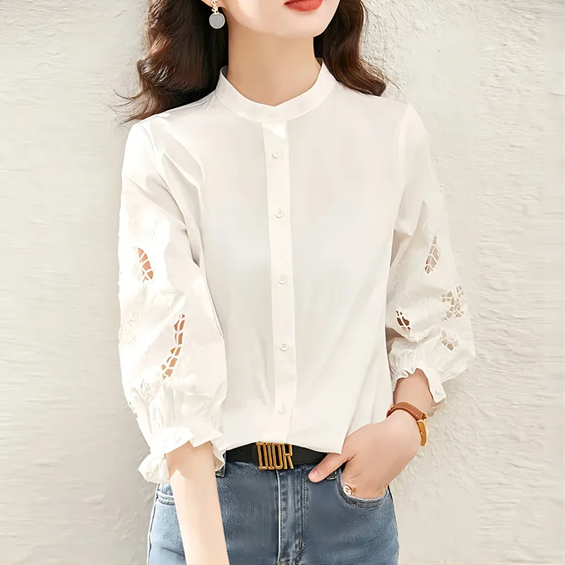 Fashion Button Three Quarter Embroidery Hollow Out Shirts Women's Clothing 2023 Autumn Winter Casual Tops Office Lady Blouses