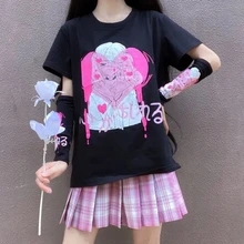 Japońska moda uliczna E dziewczyna koszulka Anime ubrania z naramiennik graficzny Top Harajuku Kawaii letnie topy dla kobiet 2022 T Shirt