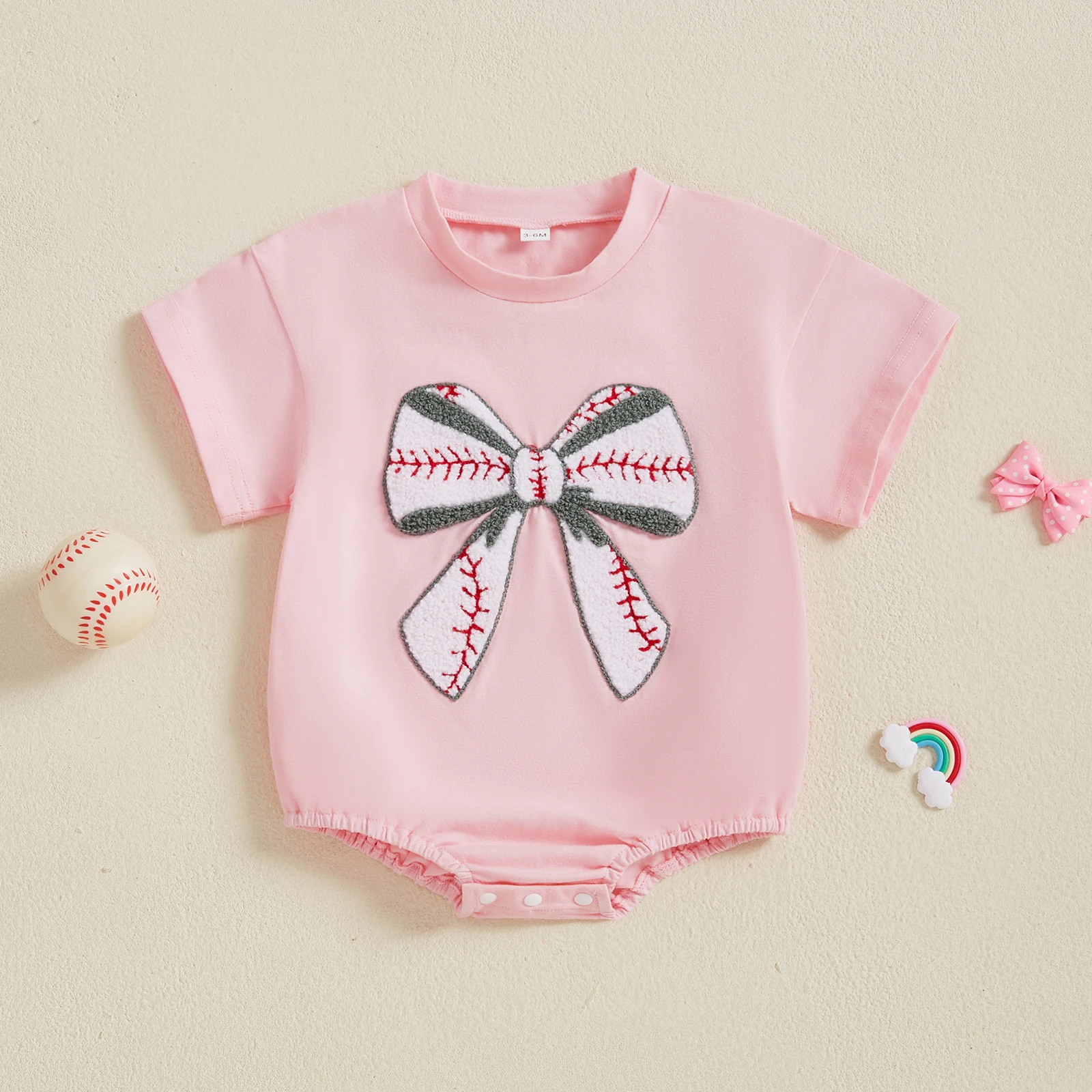 FOCUSNORM 0-18M Lovely Baby Girls Boys Summer Cute Romper Short Sleeve Rugby Bow Embroidery Jumpsuits Clothes 6