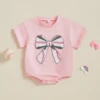 FOCUSNORM 0-18M Lovely Baby Girls Boys Summer Cute Romper Short Sleeve Rugby Bow Embroidery Jumpsuits Clothes 6