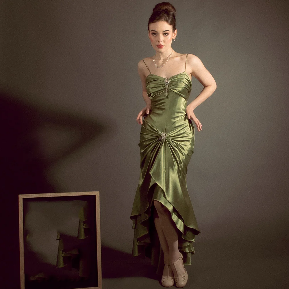 Women's Prom Dress 2025 Spaghetti Straps Mermaid Green Prom Gown Satin Sleeveless Hi-lo Pleat Sexy Party Dresses for Weddings women prom dresses