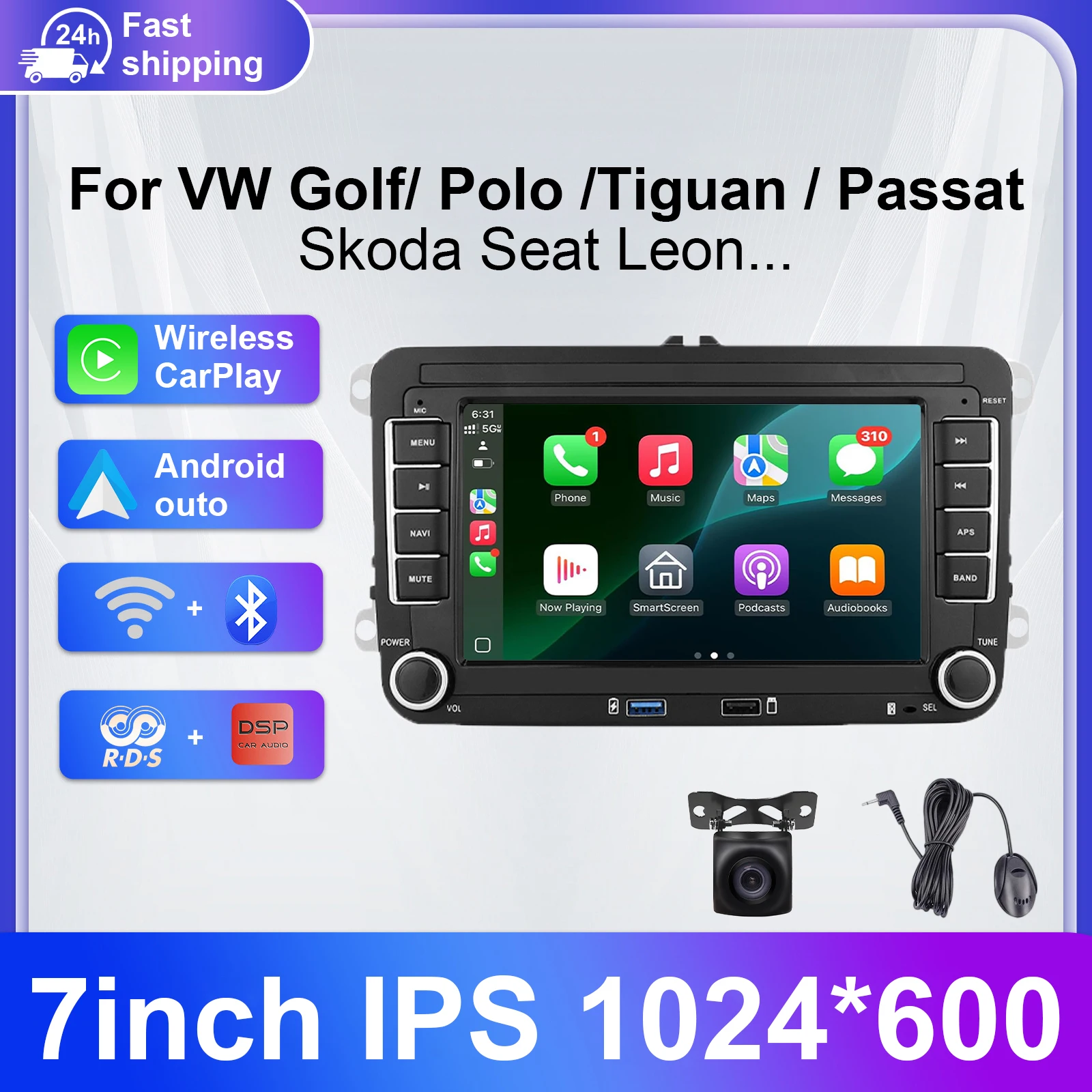 Radio multimedia estéreo MP5 inalámbrico de 7 pulgadas con Carplay y Android Auto para Volkswagen Skoda Octavia Golf 5 6 Touran Passat Polo Jeta 1