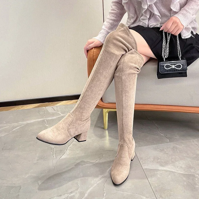 Sexy High Boots Women Winter Fashion Over The Knee Warm Botas Mujer Suede Lace Up Pumps Sock Shoes High Heels Boots women high heel boots