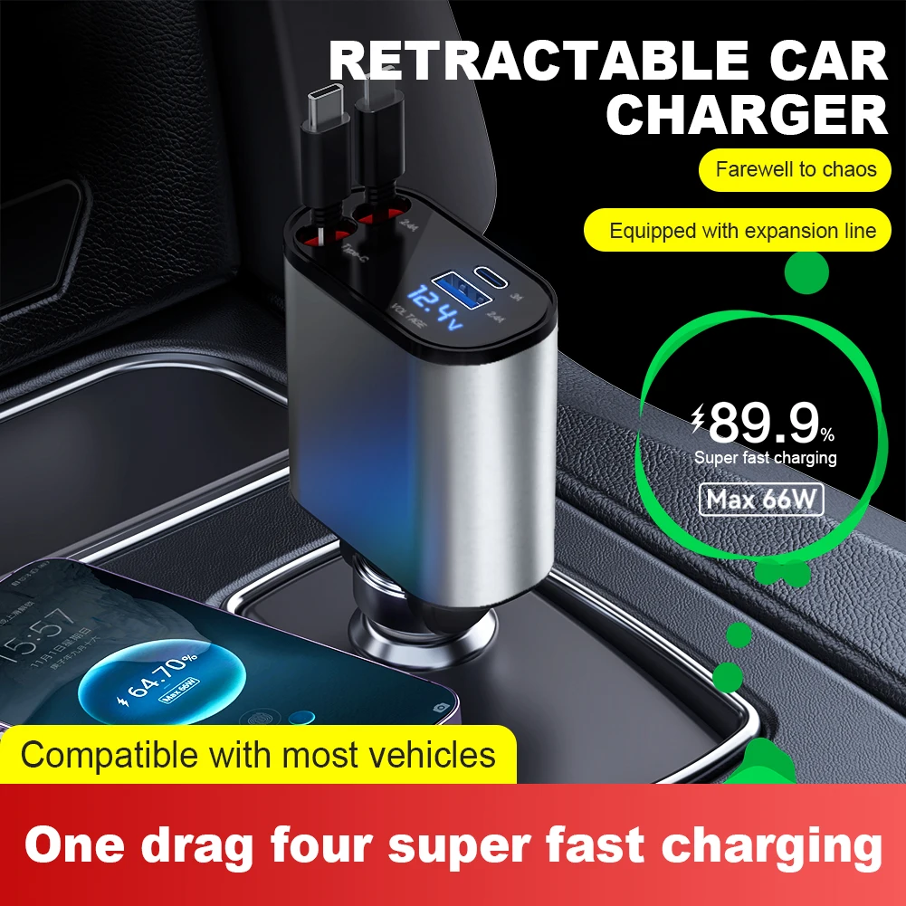 Caricabatterie Auto 4 In 1 120W Retrattile – Caricatore USB Con Cavi Integrati, Display Tensione E Porte PD QC - 2