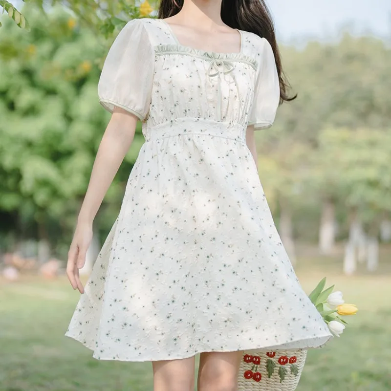 

2023 Spring New Women's Dress French Fashion Versatile Bowknot Ruffle Edge Bubble Sleeve Square Neck Free Shipping