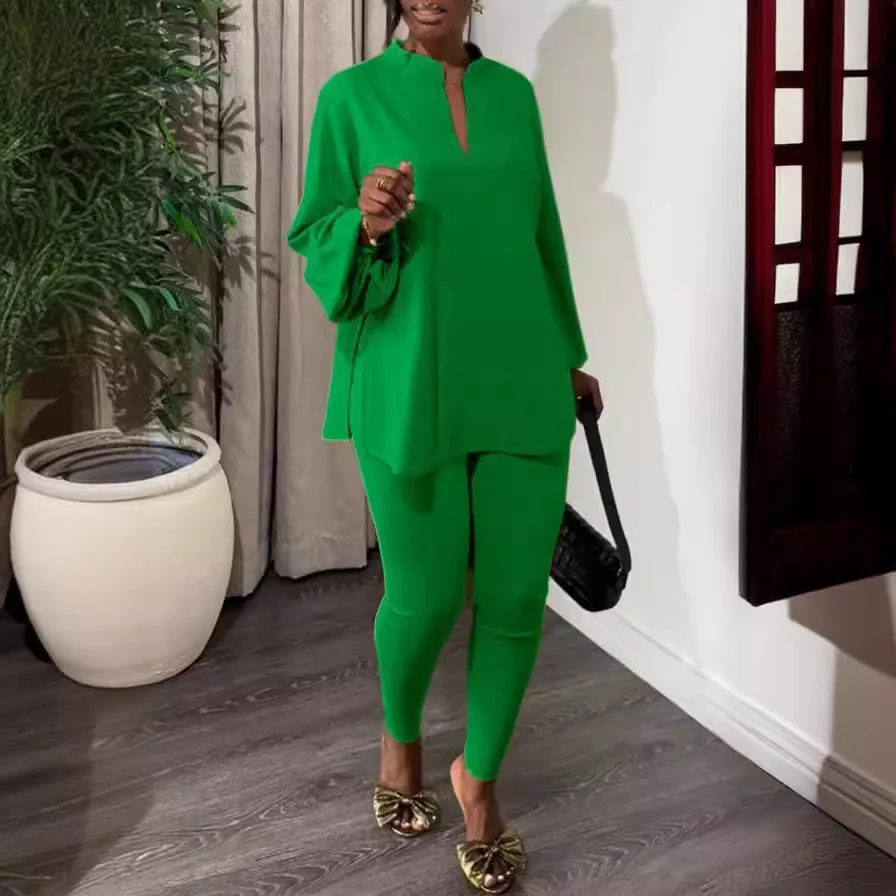 Spring Summer Fashion Two Piece Set African Women Casual Solid Loose Top Tight Pants Two Piece Set Women