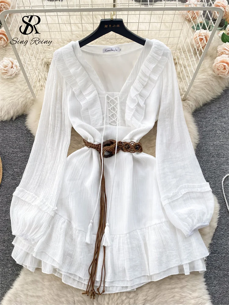 SINGREINY 2024 Spring Holiday Beach Dress Ladies V Neck Sashes Sweet Midi Lace Up Korean Ins Ruffles White Vintage Party Dress 1