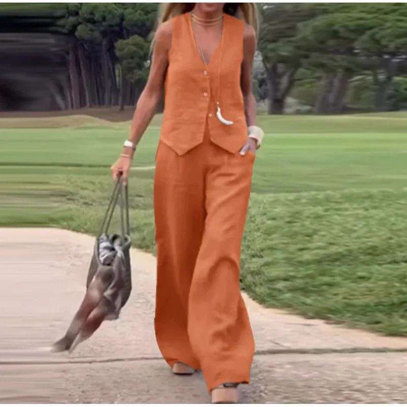 thumbnail image 1 of Clacive-Conjunto de dos piezas de lino blanco para mujer, camiseta sin mangas a la moda, última novedad, pantalones anchos de cintura alta a juego, verano 2024, 1 of 5