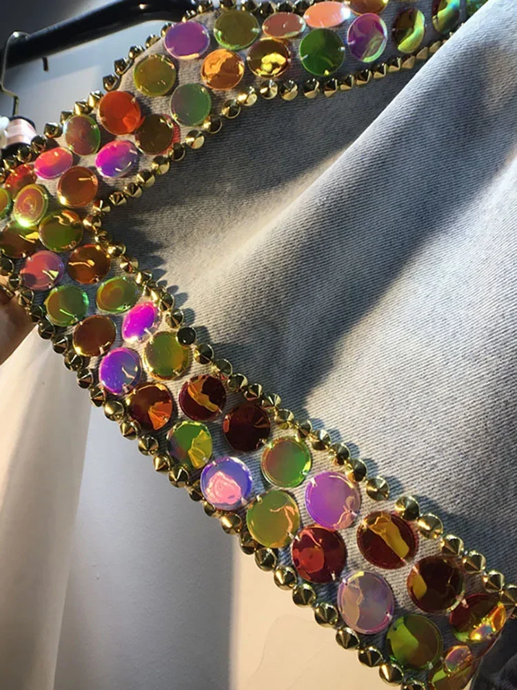 New Women's Denim Shorts Loose Elastic Waist Rivet Colorful Big Sequins Wide Leg Short Jeans 2024 Summer New Fashion 29L1084