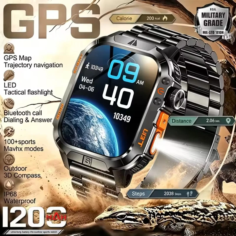 Nouvelle Montre Connectée Homme 2026 avec Batterie Grande Capacité 1200mAh, Plus de 100 Modes Sportifs, Étanchéité IP68, Lampe Torche LED et Suivi de Santé 1