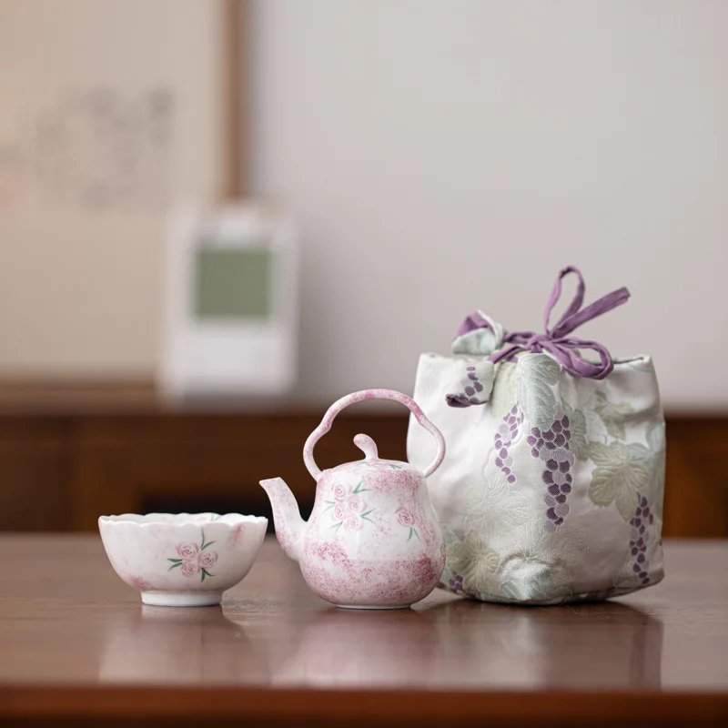 Hand drawn rose ceramic Kung Fu tea set, one pot, one cup, handmade tea pot, cup, outdoor portable set