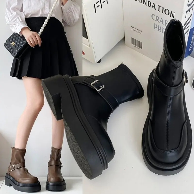 Fashion Women Ankle Boots Autumn Winter Back Zipper Slim Stretch Knee High Boots Office Lady Belt Buckle Simple Shoes Woman New
