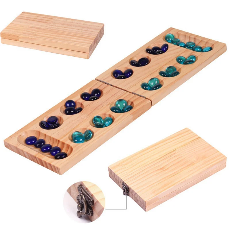 B78B-Gioco da tavolo Mancala in legno pieghevole per età superiore ai 7 anni Gioco di strategia classico con perline multicolori per famiglia, feste e viaggi - immagine 2