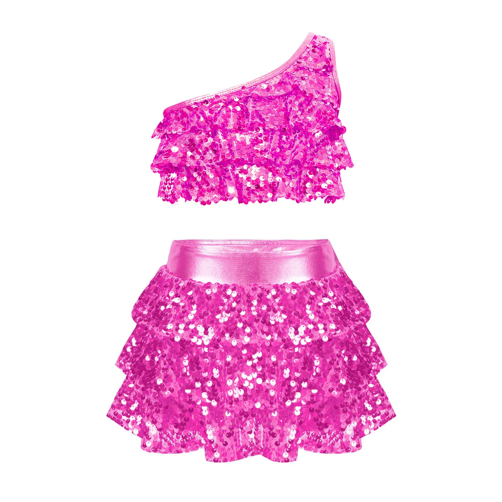 thumbnail image 1 of Traje de baile moderno para niñas, jazz, salsa latina, samba y rumba, top corto con lentejuelas brillantes metálicas y pantalones cortos con falda, culottes, 1 of 5