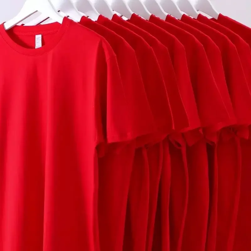 thumbnail image 1 of Camiseta de verano con cuello redondo para hombre y mujer, estilo chino sencillo, informal, de manga corta, de color rojo, 1 of 5