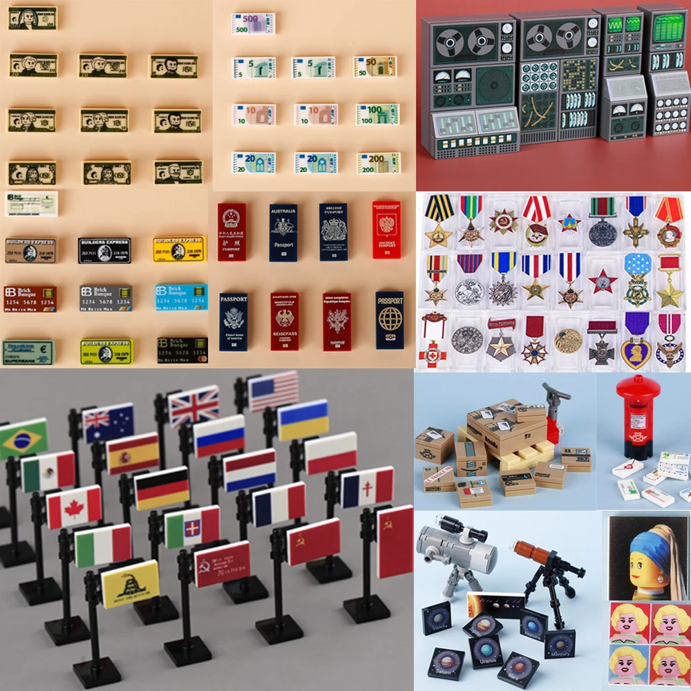 MOC Stadt Street View Druck Baustein Lebensmittel Pass Express Box Dollar Euro Nationalflaggen Gedruckt Fliesen Ziegel Spielzeug