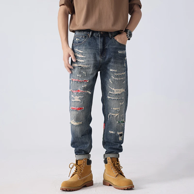 Y2K high street biker gangster handy tide summer hole patch loose jeans small straight large size men's pants
