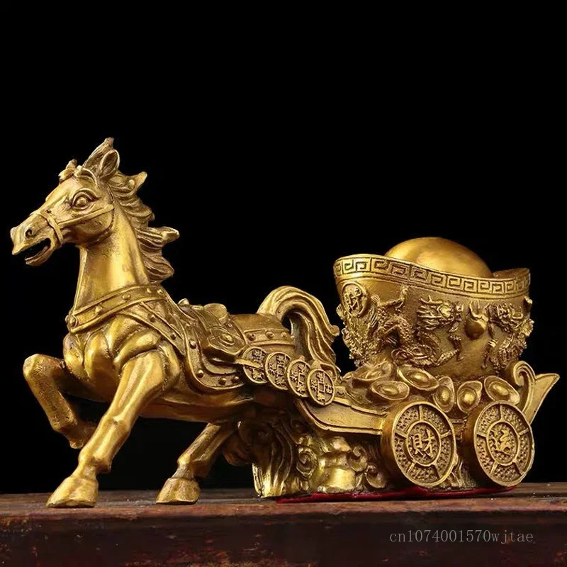 Pure Copper Horse Drawn Sculpture Horse Shaped Home, Living Room Bookcase Desktop, Study, Decoration Gift, Feng Shui Animal, 1Pc