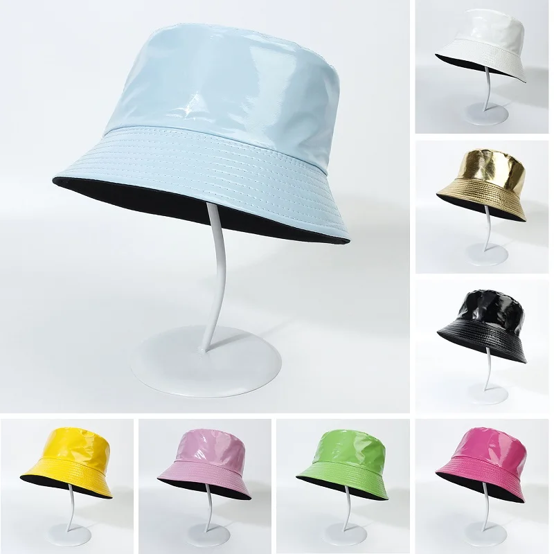 Fashion Shiny Hip-Hop Bucket Hat for Women Men PU Leather Waterproof Panama Cap Summer Fisherman Cap Bob Sun Hat Fishing sun hats,sun hat,fisherman hat,bucket hats