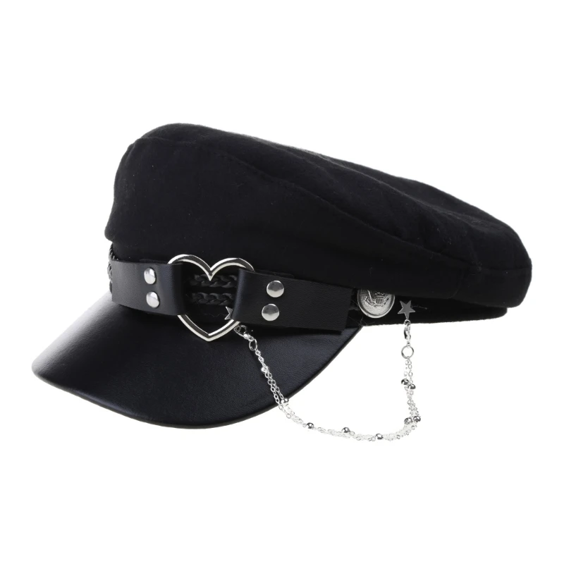Lolita Girls Felt Beret Cap with Love Heart Buckle Belt Women Fashion Tassel Chain Octagonal Adult Teens Party Cosplay_voghion.com