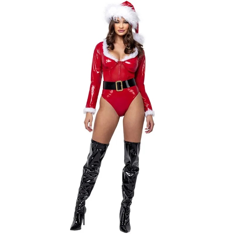 Sexy Christmas Catsuit Women Long Sleeve Lacquer Leather Bodysuit Holiday Outfit Festival Cosplay Costume Xmas Role Play Uniform