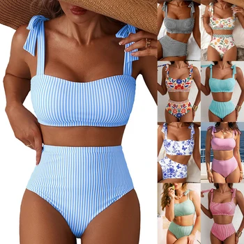 Women's 2026 Two Piece Bikini Set Striped High Waist Tie Shoulder Swimsuit Summer Beachwear 1