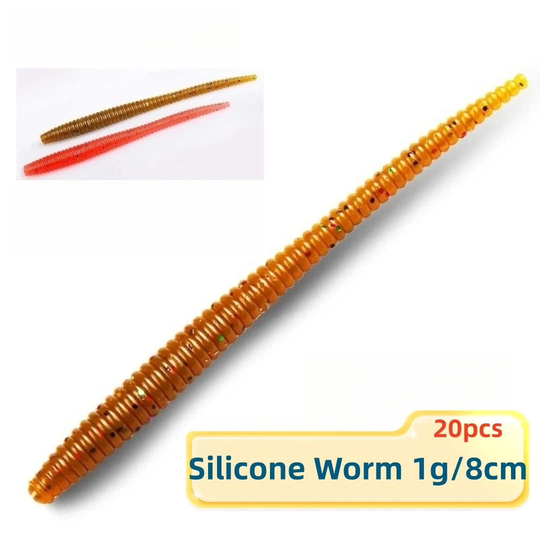 

20pcs Silicone Worm Lure 8cm 1g Artificial Soft Fishing Bait Jig Wobbler Plastic Lures Swimbait with Fishy Smell and Taste