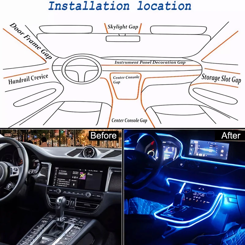 Car LED Interior Neon EL Wire Lights Flexible RGB Ambient Optic Fiber Strip With APP Control Auto Atmosphere Decorative Lamp 12V images - 6