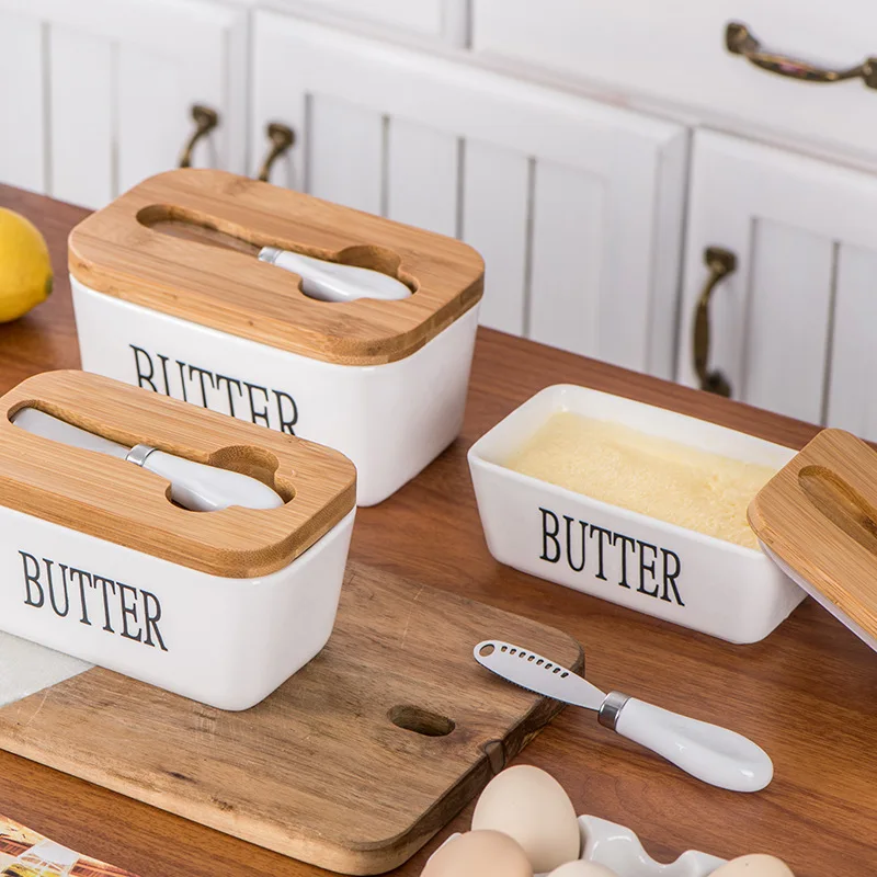 Butter Container Ceramic Box Restaurant Sealed Storage Box Cheese Dish with Knife Bamboo Lid Butter Slicer Tableware