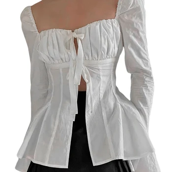 Women's summer Elegant Pleated Tops, Long Sleeves Square Neck casual Bandage Solid Color long sleeve blouse Party Street Shirt
