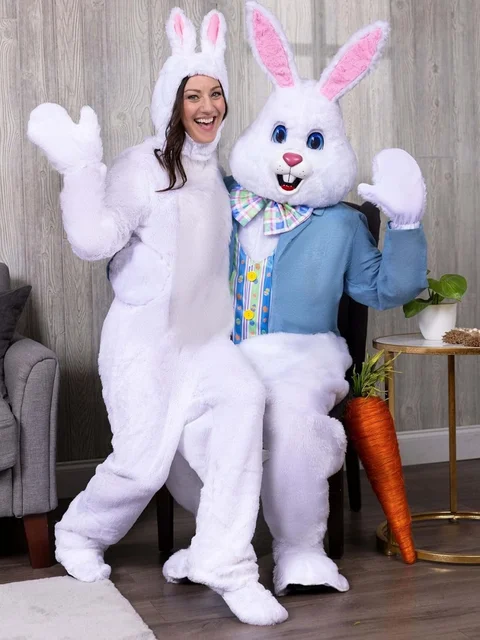 Adult Easter Bunny Costume Set – Full Bunny Suit With Headgear, Gloves & Shoe Covers For Parties