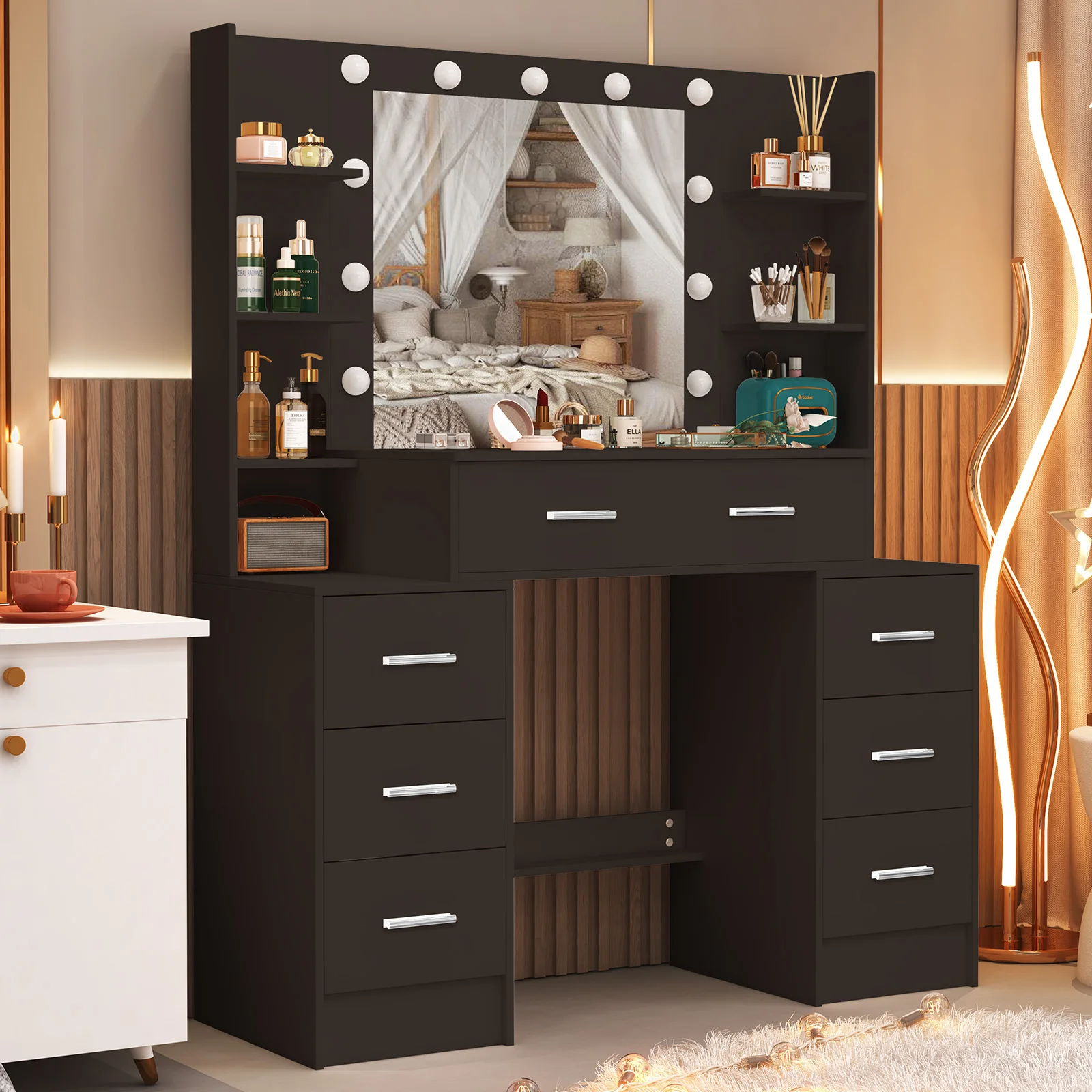 Black Large Vanity Dressing Table with LED Mirror 7 Drawers 3 Color Light Storage Bedroom Cosmetic Station for Women Girls